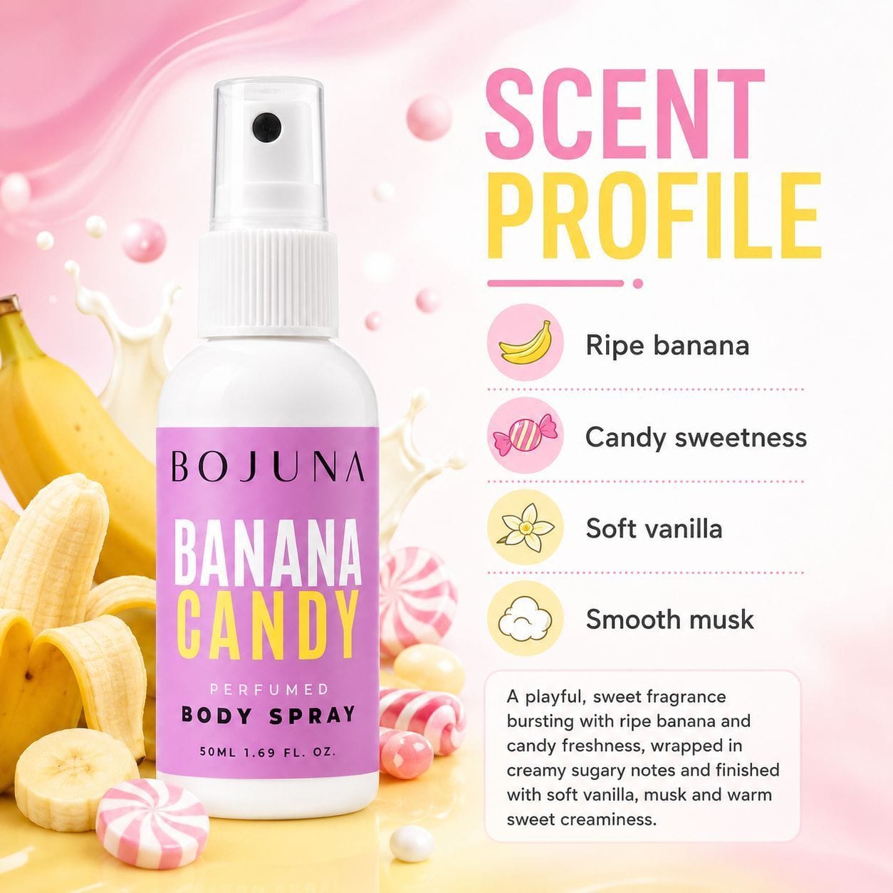Bojuna Banana Candy perfumed body spray bottle shown on a pink and yellow graphic background with banana slices, candies, and text describing the scent profile as ripe banana, candy sweetness, soft vanilla, and smooth musk.