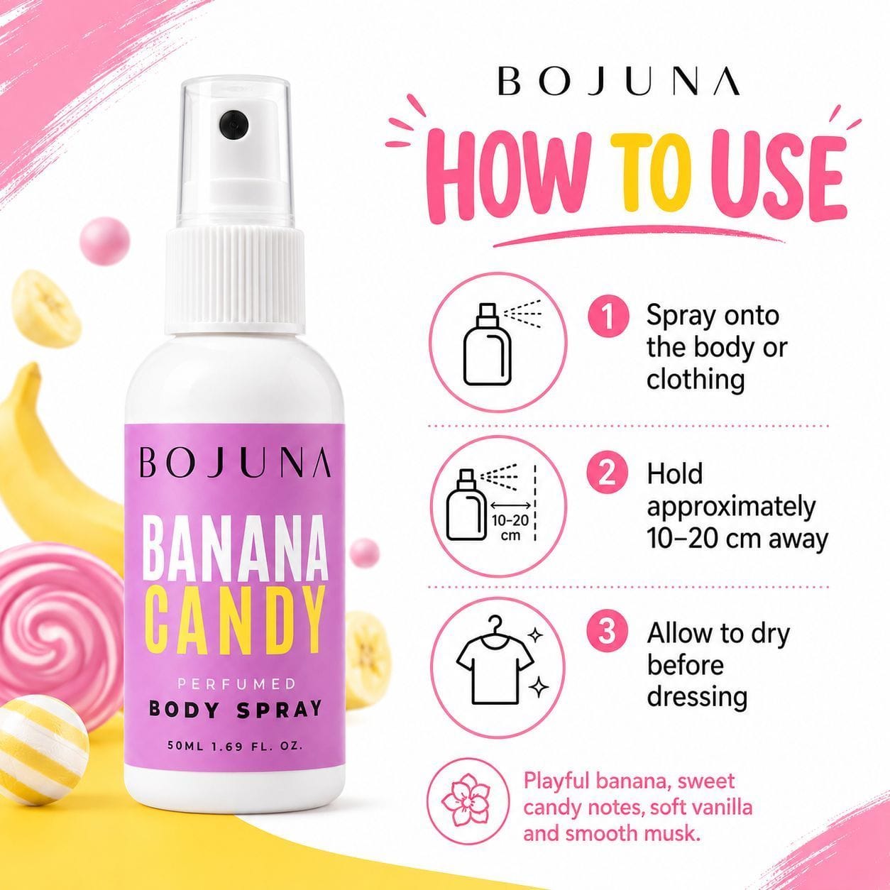 Bojuna Banana Candy Perfumed Body Spray bottle shown on a bright promotional graphic with usage steps, banana illustrations, and pink and yellow design elements.