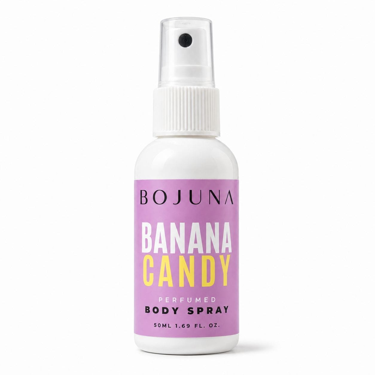 A 50ml bottle of BOJUNA Banana Candy Perfumed Body Spray, featuring a white bottle with a lavender purple label and a clear spray nozzle, set against a plain white background.
