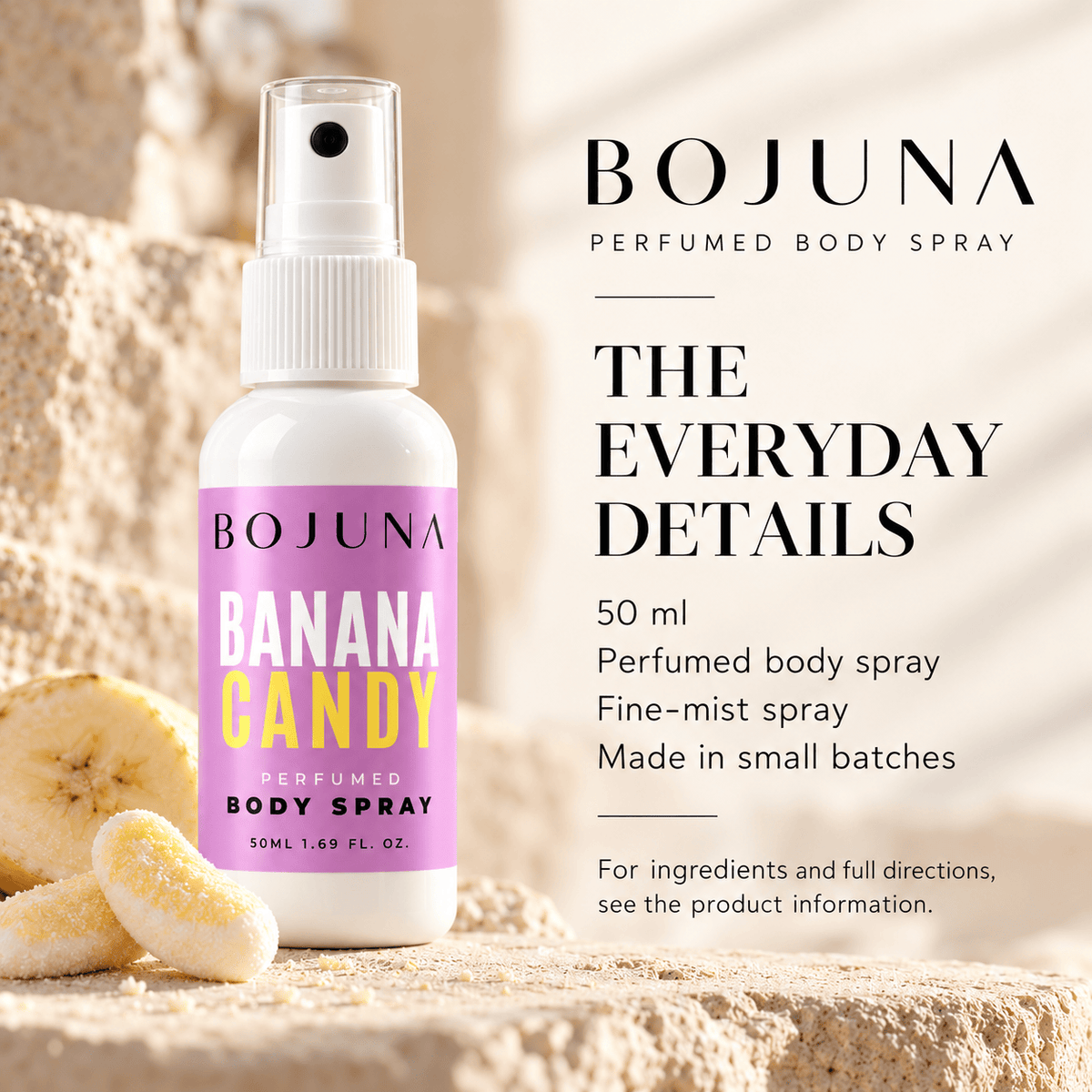 Perfumed Body Spray – Banana Candy 50ml – product details, with soft lighting and premium neutral styling.