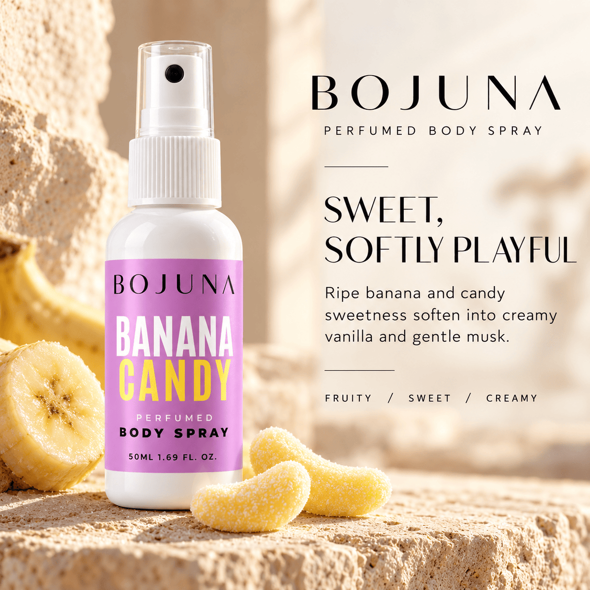 Perfumed Body Spray – Banana Candy 50ml – scent profile, with soft lighting and premium neutral styling.