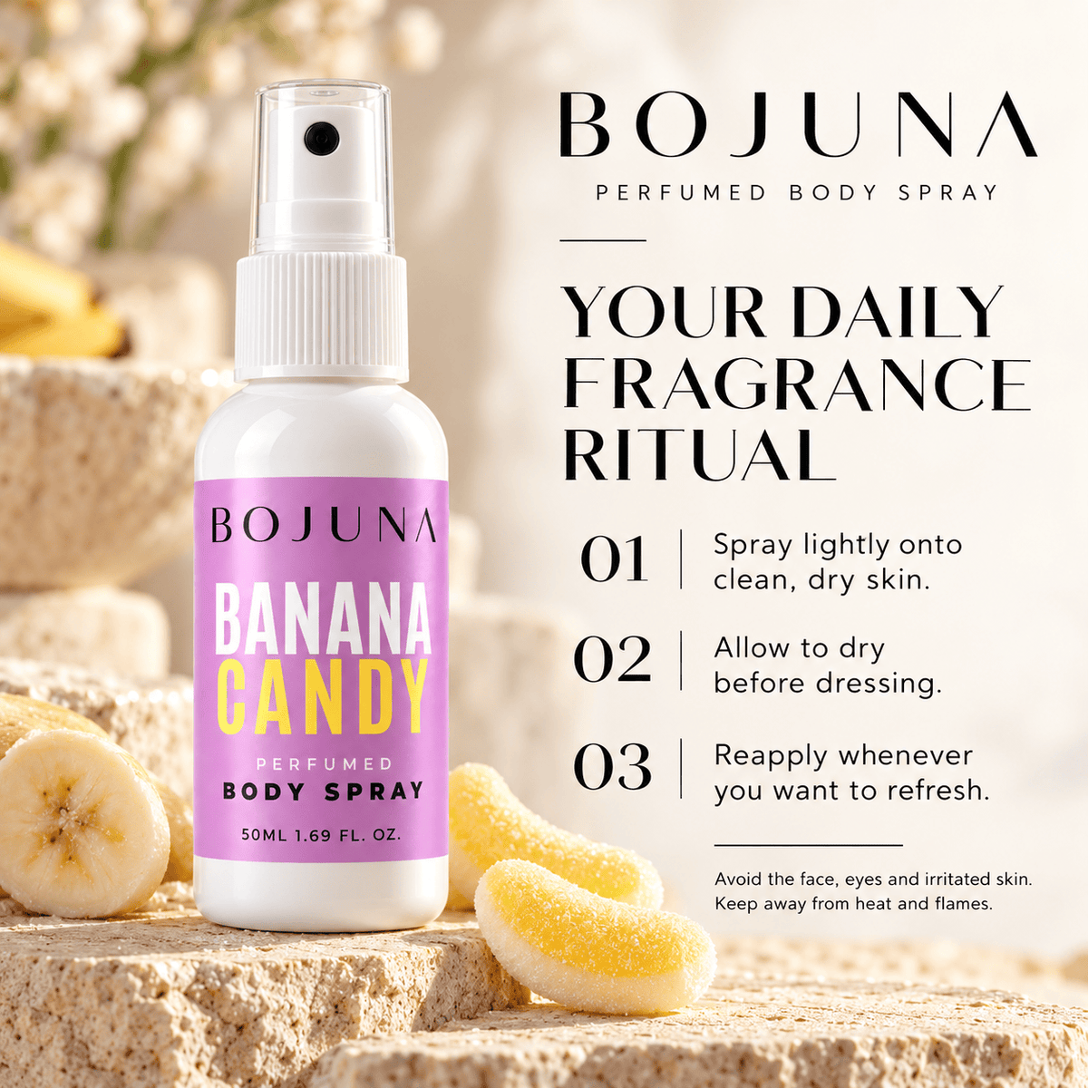 Perfumed Body Spray – Banana Candy 50ml – how to, with soft lighting and premium neutral styling.