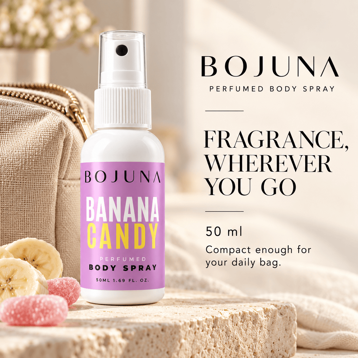 Perfumed Body Spray – Banana Candy 50ml – travel size, with soft lighting and premium neutral styling.