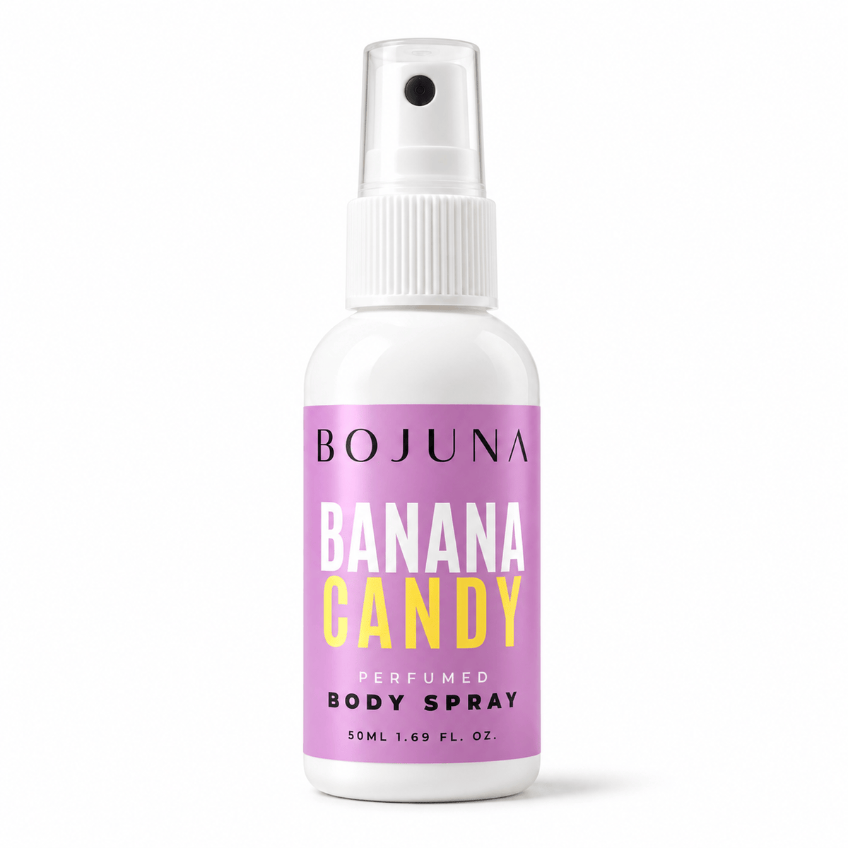Perfumed Body Spray – Banana Candy 50ml, white spray bottle with softly glossy label on a white background.