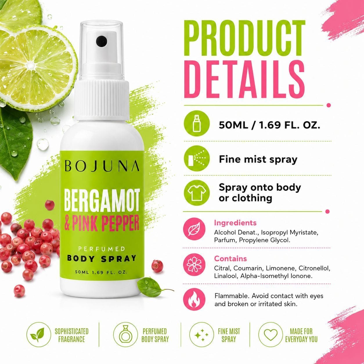 A promotional product graphic for Bojuna Bergamot & Pink Pepper Perfumed Body Spray. The white spray bottle with a green label is shown on the left, alongside a lime slice, pink pepper berries, and green leaves.