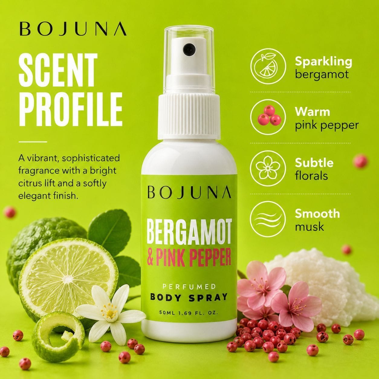 A bottle of BOJUNA Bergamot & Pink Pepper perfumed body spray centered on a bright green background with ingredient callouts and decorative citrus, flowers, and pink peppercorns. The product itself is a white spray bottle with a green label and white pump.