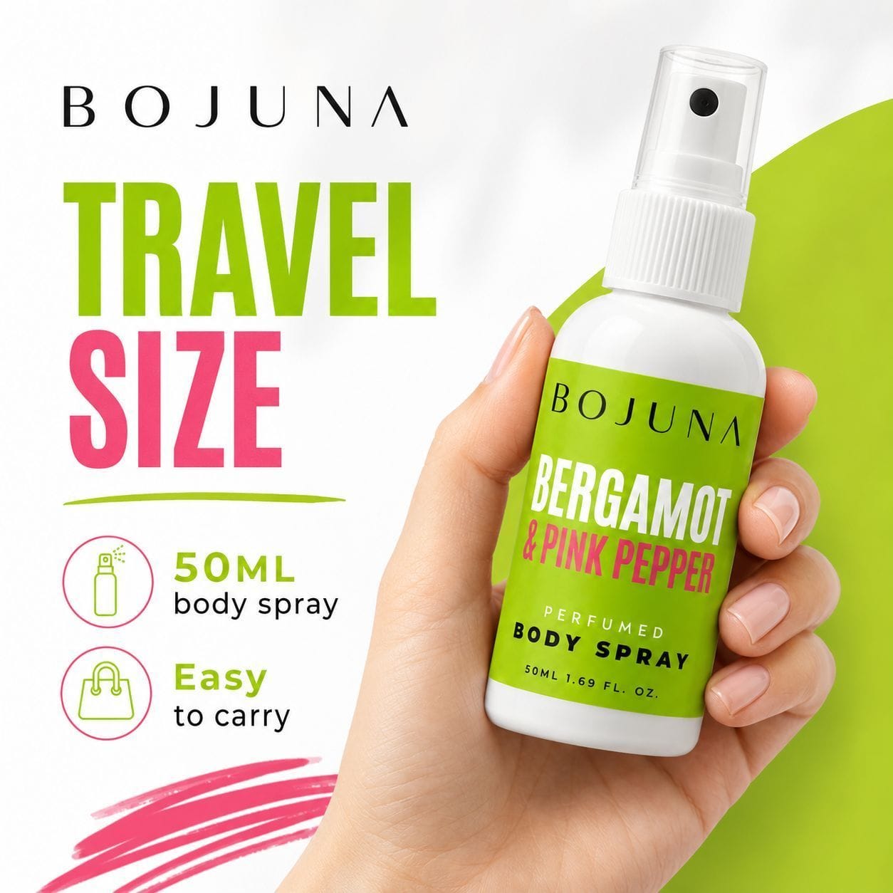 A hand holding a small white BOJUNA travel-size body spray bottle with a bright green label reading Bergamot & Pink Pepper. The image includes promotional text on the left: BOJUNA Travel Size, 50ML body spray, and Easy to carry, on a white background with lime green and pink graphic accents.