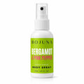 A 50 mL bottle of BOJUNA Bergamot & Pink Pepper Perfumed Body Spray. The bottle is white with a bright lime green label featuring black and pink text, topped with a clear spray cap, on a white background.