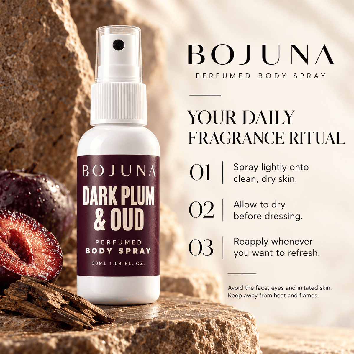 Perfumed Body Spray – Dark Plum & Oud 50 ml: how to use, with soft lighting and scent-inspired styling.