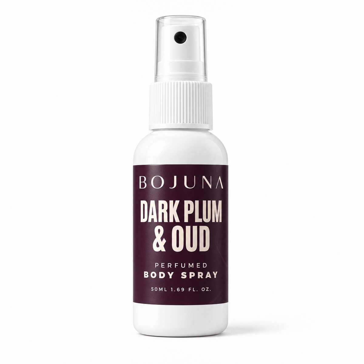 Perfumed Body Spray – Dark Plum & Oud 50 ml, white spray bottle with softly glossy label on a white background.