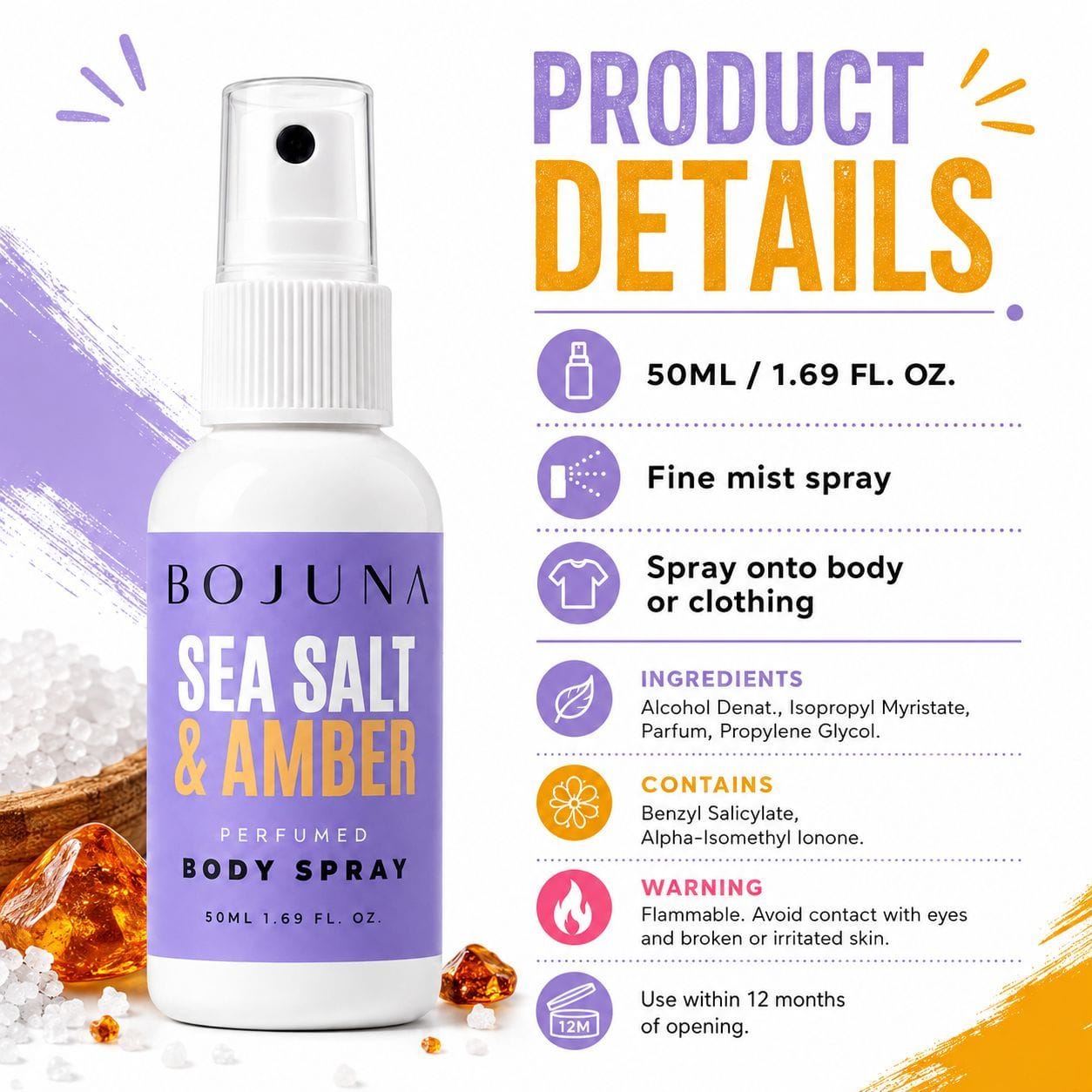 A product details graphic for a Bojuna Sea Salt & Amber perfumed body spray. The left side shows a white spray bottle with a purple and amber label, while the right side lists product details including 50 mL / 1.