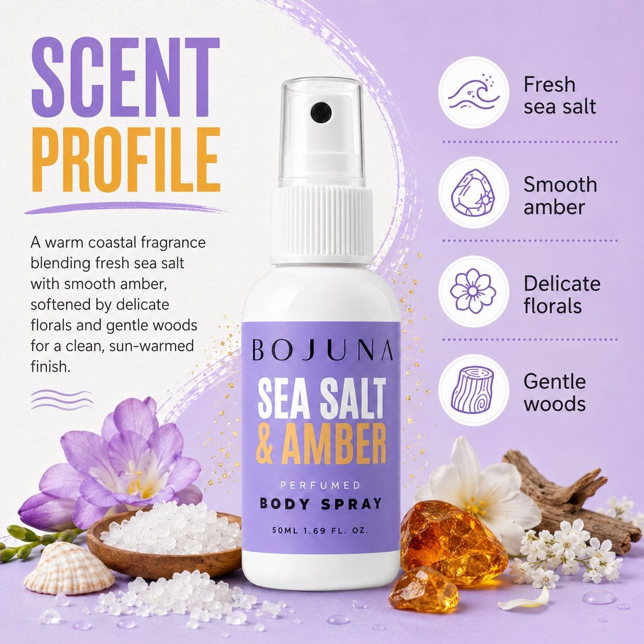 A bottle of Bojuna Sea Salt & Amber perfumed body spray centered on a lavender graphic background with scent profile text, icons, flowers, salt crystals, and amber pieces. The product is a white spray bottle with a purple label and white pump, surrounded by decorative fragrance-themed props.
