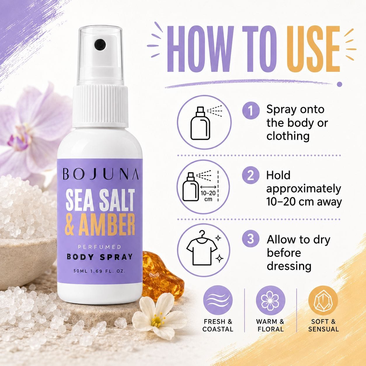 A product infographic for BOJUNA Sea Salt & Amber Perfumed Body Spray. The left side shows the white spray bottle with a lavender label, surrounded by decorative purple flowers and sea salt crystals.