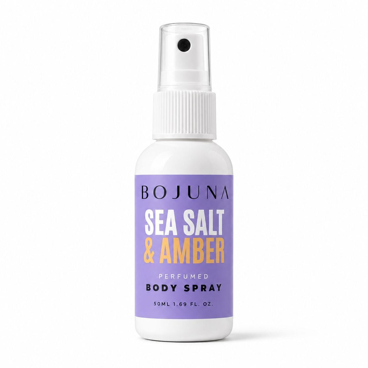 A 50ml spray bottle of BOJUNA Sea Salt & Amber Perfumed Body Spray, featuring a white bottle and a lavender purple label with white and orange text, set against a plain white background.