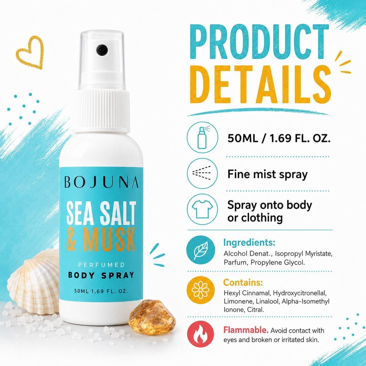 Bojuna Sea Salt & Musk Perfumed Body Spray bottle shown next to product details text on a white background with turquoise accents. The bottle is white with a turquoise label and a white spray top.