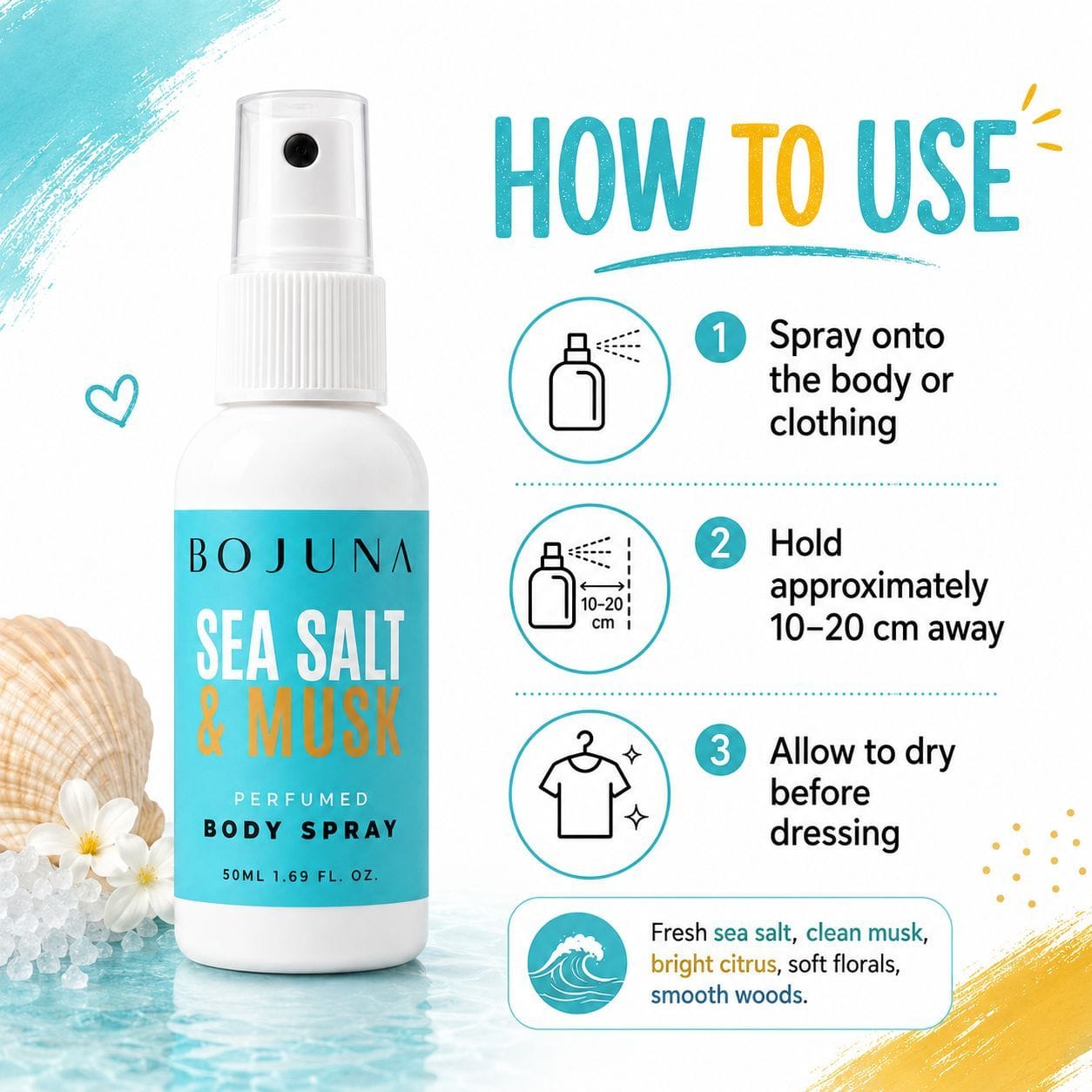 A bottle of Bojuna Sea Salt & Musk Perfumed Body Spray shown on a clean promotional graphic with a 'How to Use' panel, icons, and scent notes.