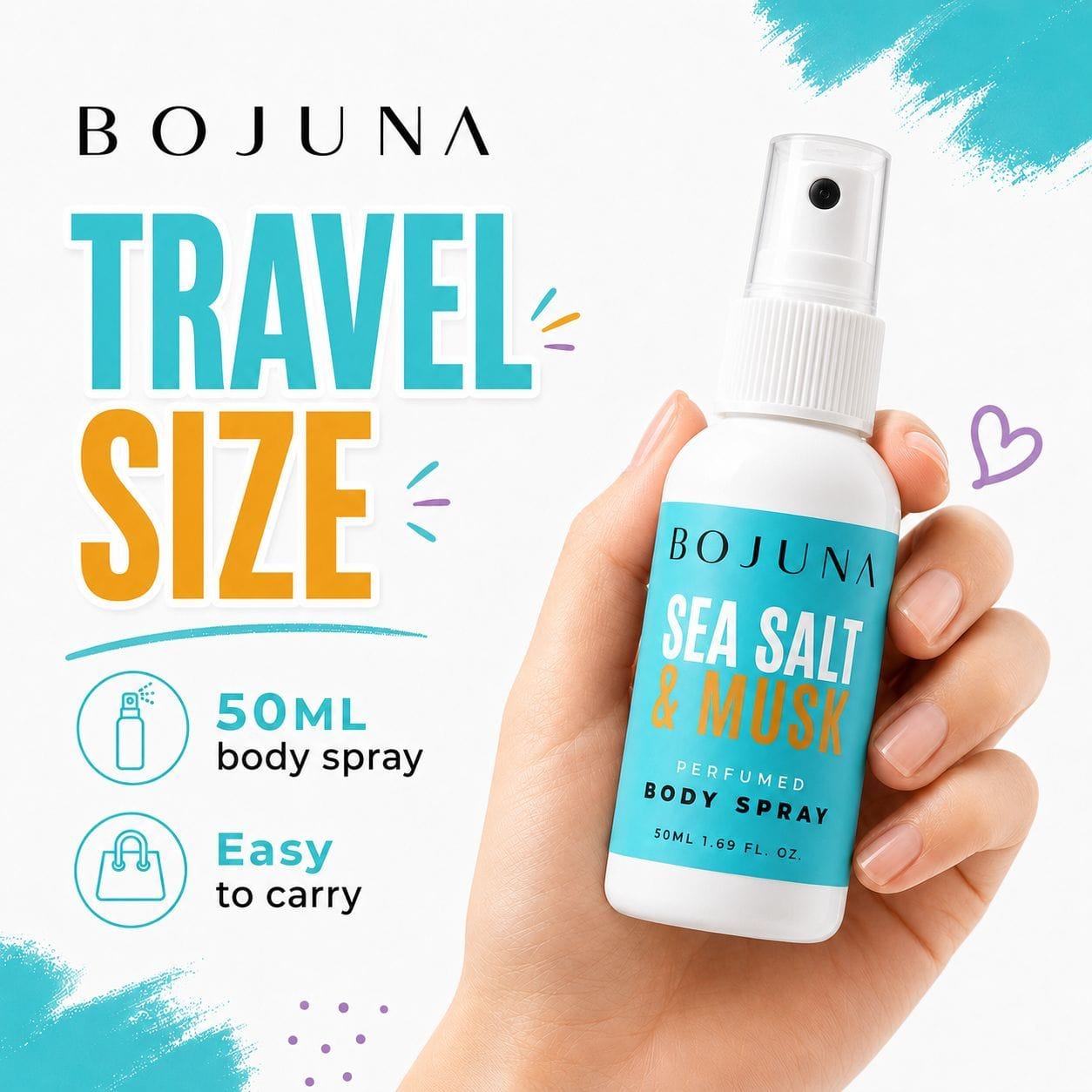 A hand holding a small white spray bottle of BOJUNA Sea Salt & Musk travel-size body spray against a white background with turquoise and orange graphic text and accents.