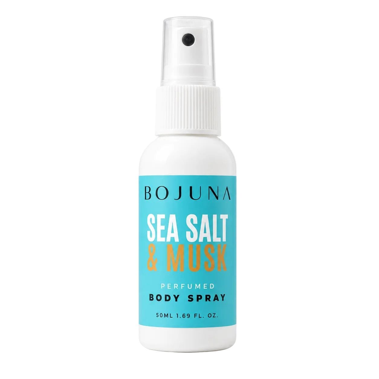 A 50ml bottle of Bojuna Sea Salt & Musk Perfumed Body Spray, featuring a white plastic bottle and spray nozzle with a light blue label.