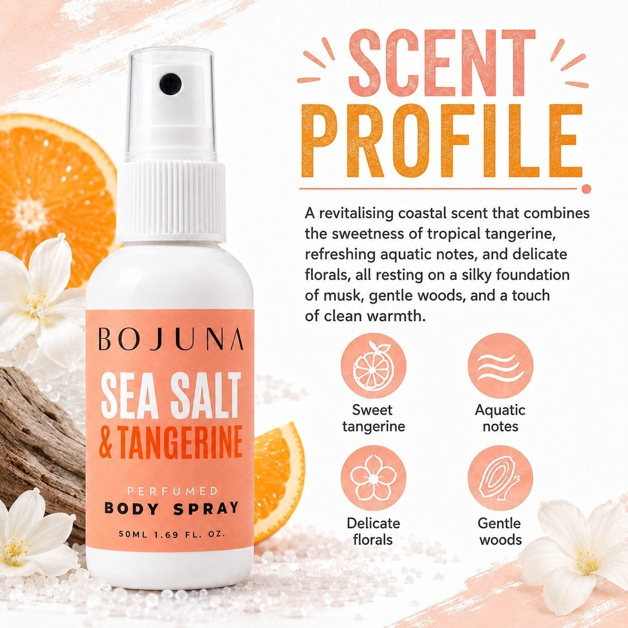 A bottle of BOJUNA Sea Salt & Tangerine perfumed body spray shown on a styled white background with orange slices, white flowers, and text describing the scent profile.