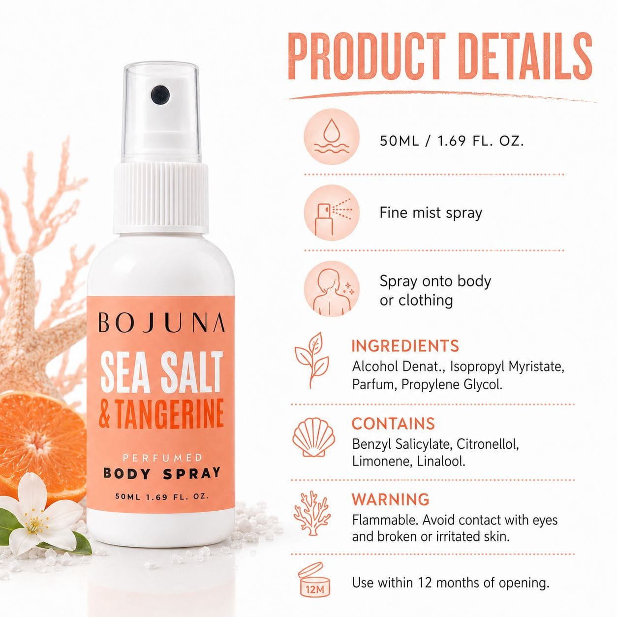Bojuna Sea Salt & Tangerine body spray bottle shown next to product details text on a white background with orange and white decorative accents.