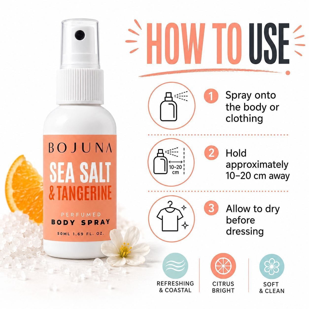 A bottle of BOJUNA Sea Salt & Tangerine perfumed body spray shown next to an orange slice and a white flower, with a step-by-step 'HOW TO USE' guide on the right.