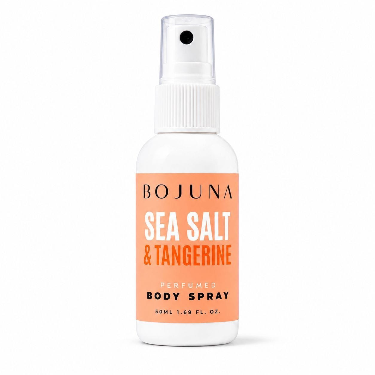 A 50 mL bottle of BOJUNA Sea Salt & Tangerine perfumed body spray, featuring a white bottle with a prominent peach-orange label and a clear spray nozzle, set against a plain white background.