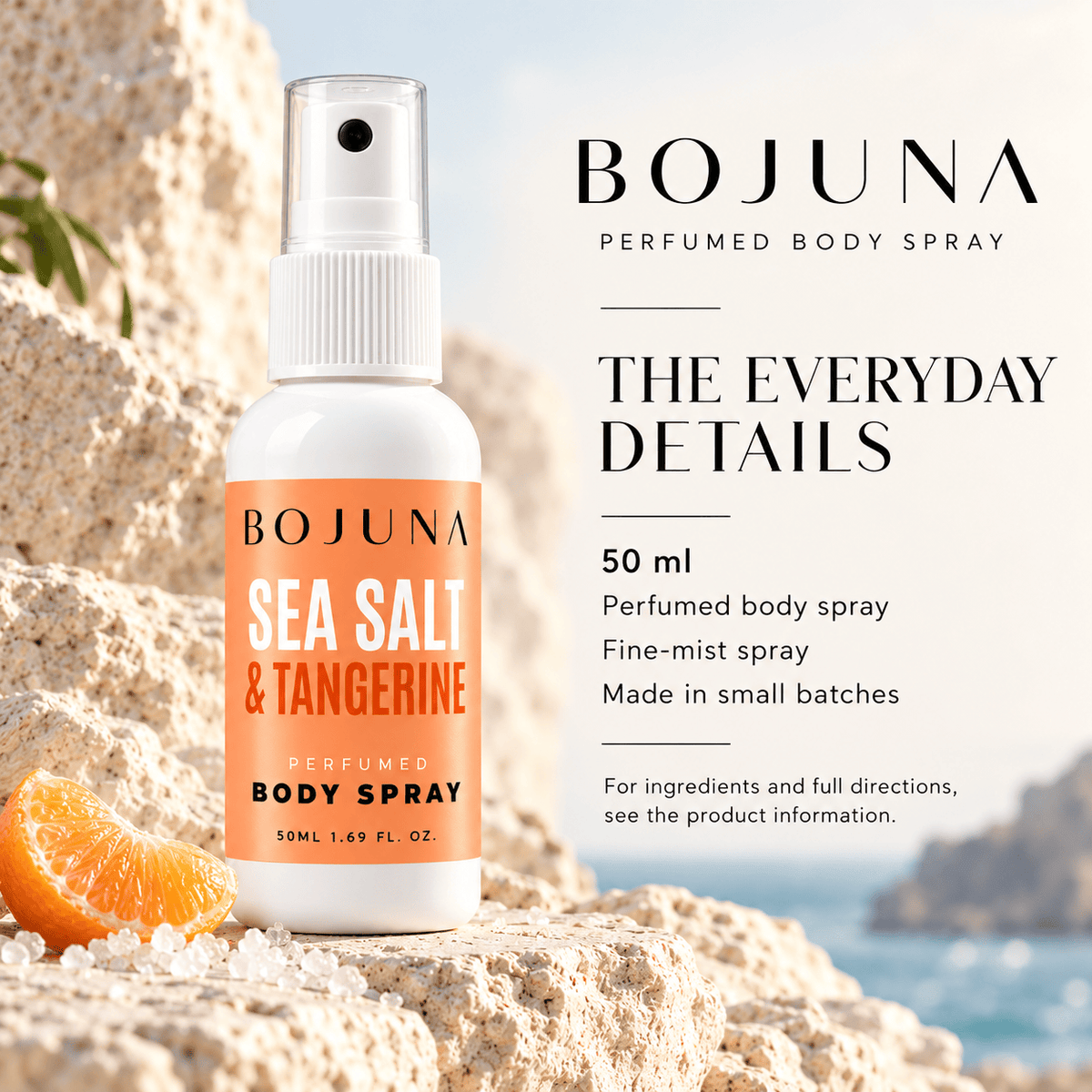 Perfumed Body Spray – Sea Salt & Tangerine 50ml – product details, with soft lighting and premium neutral styling.