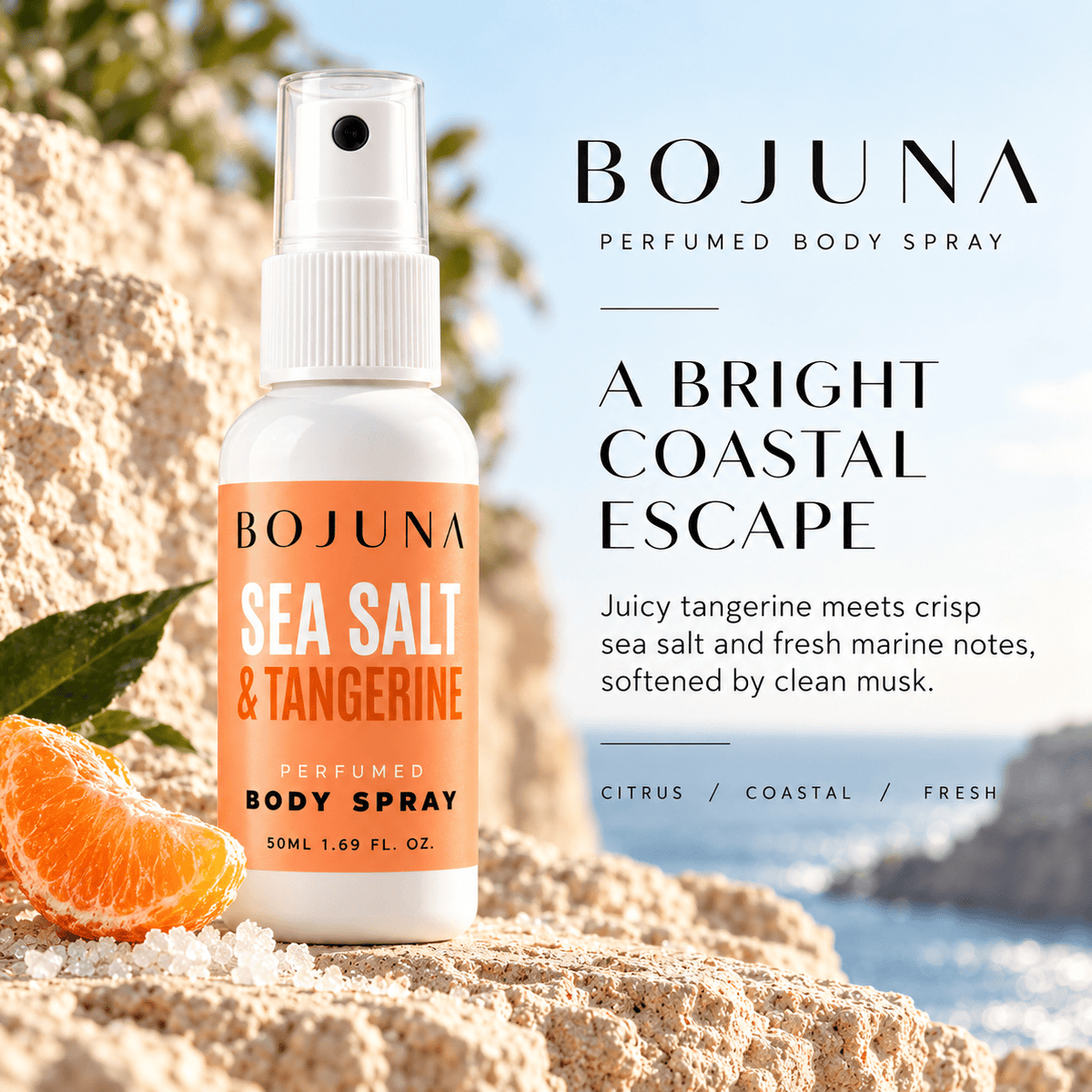 Perfumed Body Spray – Sea Salt & Tangerine 50ml – scent profile, with soft lighting and premium neutral styling.