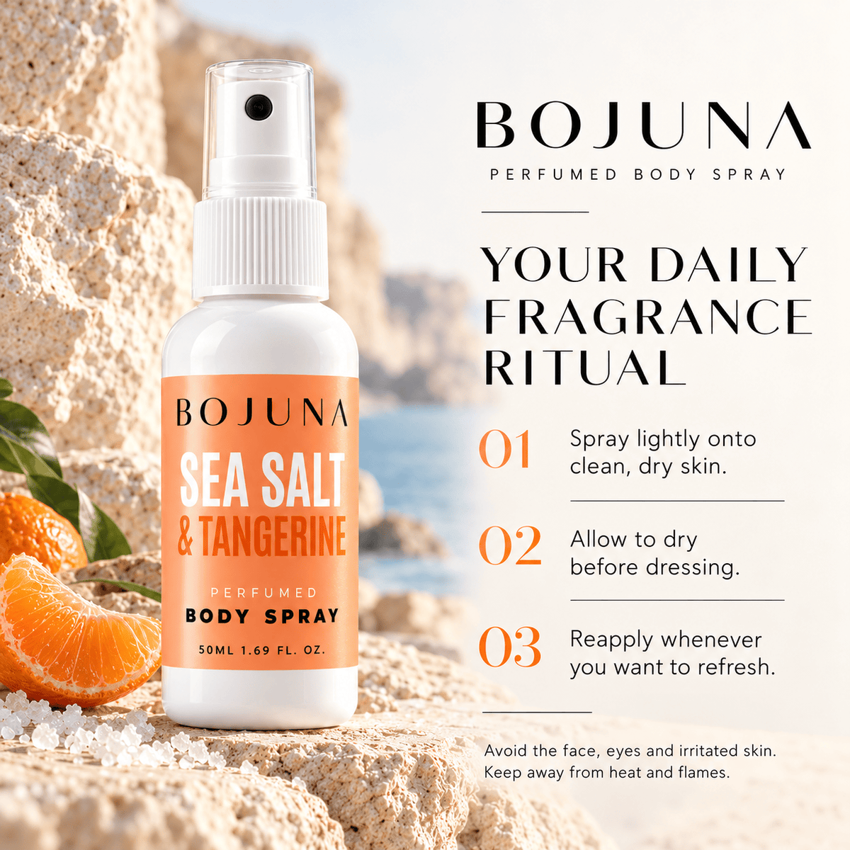 Perfumed Body Spray – Sea Salt & Tangerine 50ml – how to, with soft lighting and premium neutral styling.