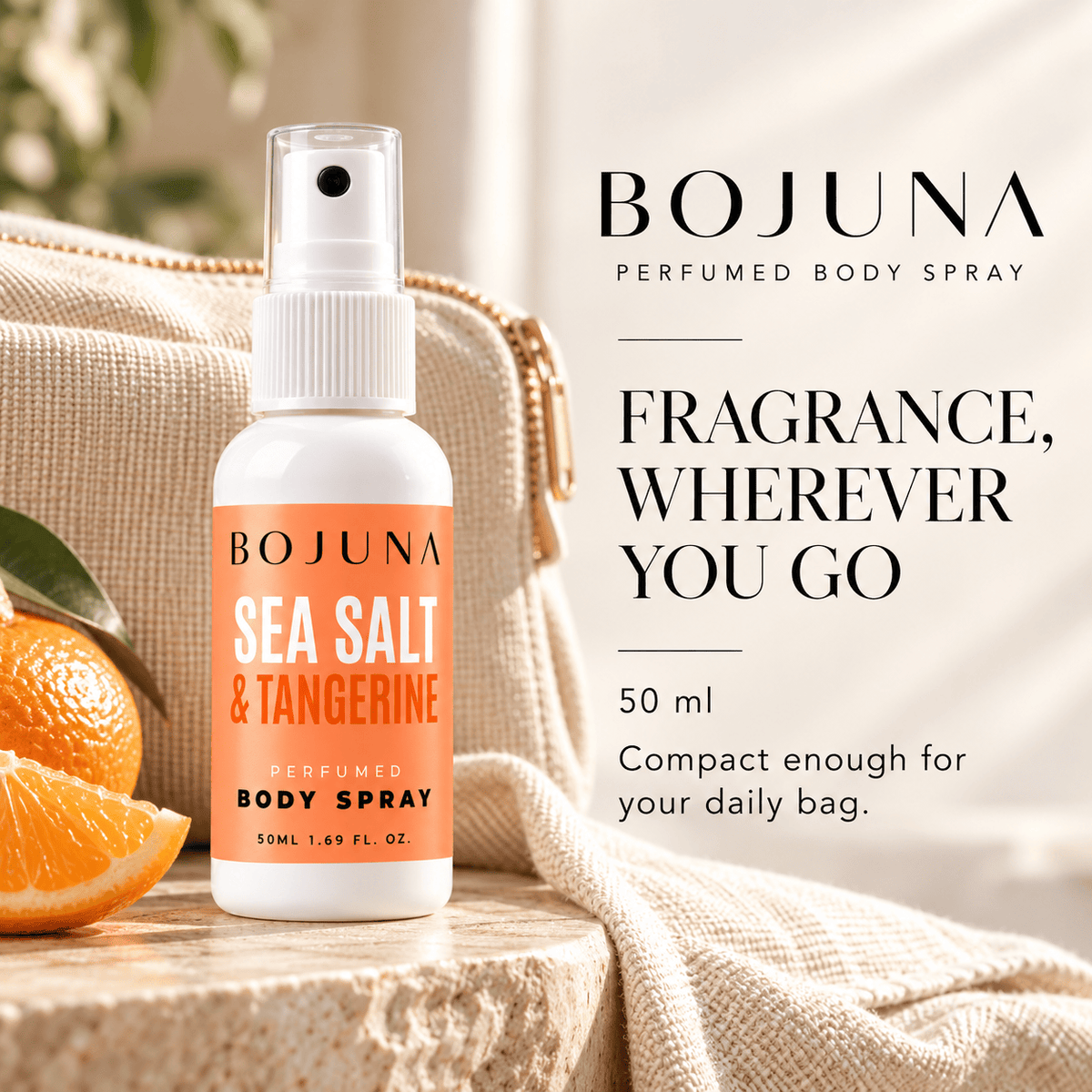 Perfumed Body Spray – Sea Salt & Tangerine 50ml – travel size, with soft lighting and premium neutral styling.