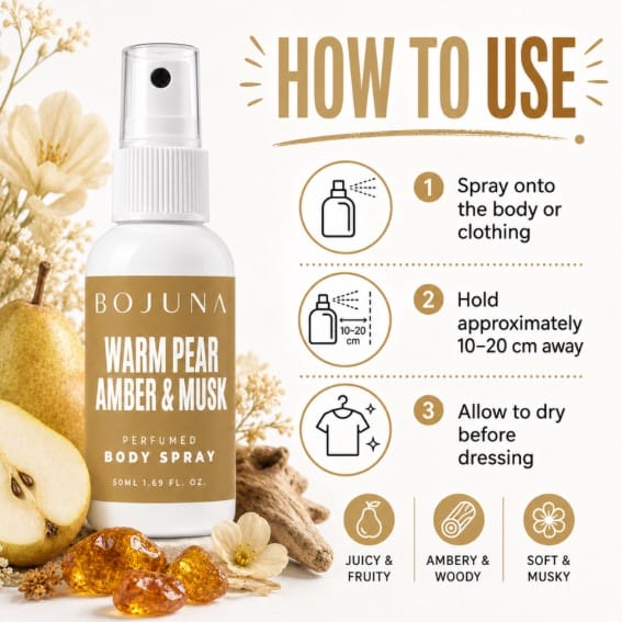 A product infographic for BOJUNA Warm Pear Amber & Musk Perfumed Body Spray. The left side shows the white spray bottle with a gold label, surrounded by decorative pears, honey, and dried flowers.