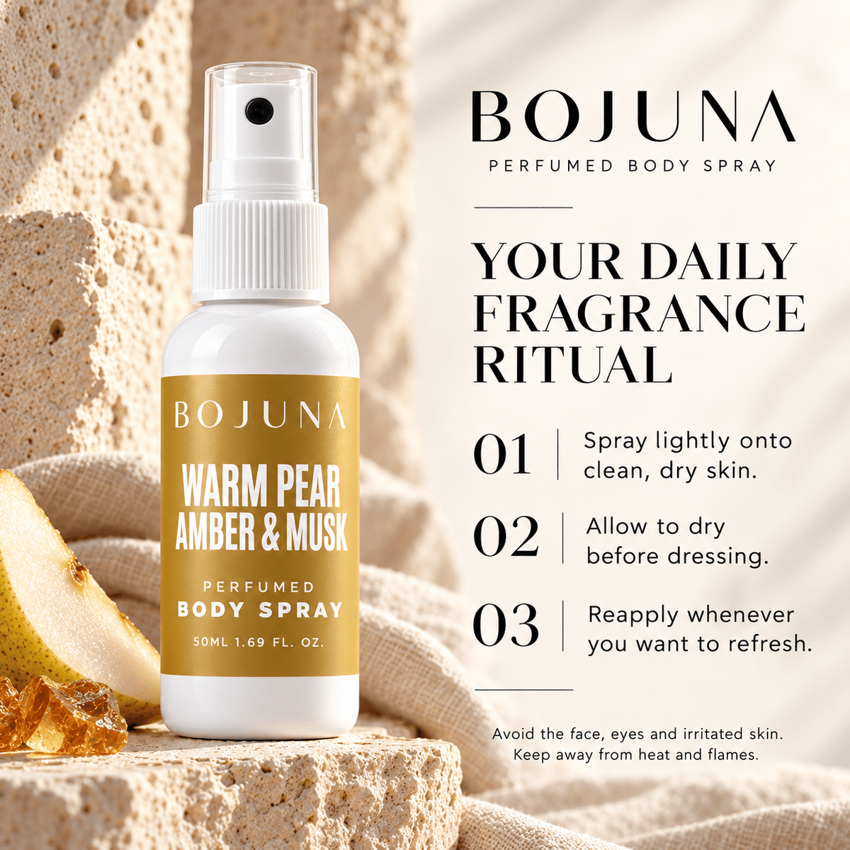 Perfumed Body Spray – Warm Pear, Amber & Musk 50 ml: how to use, with soft lighting and scent-inspired styling.