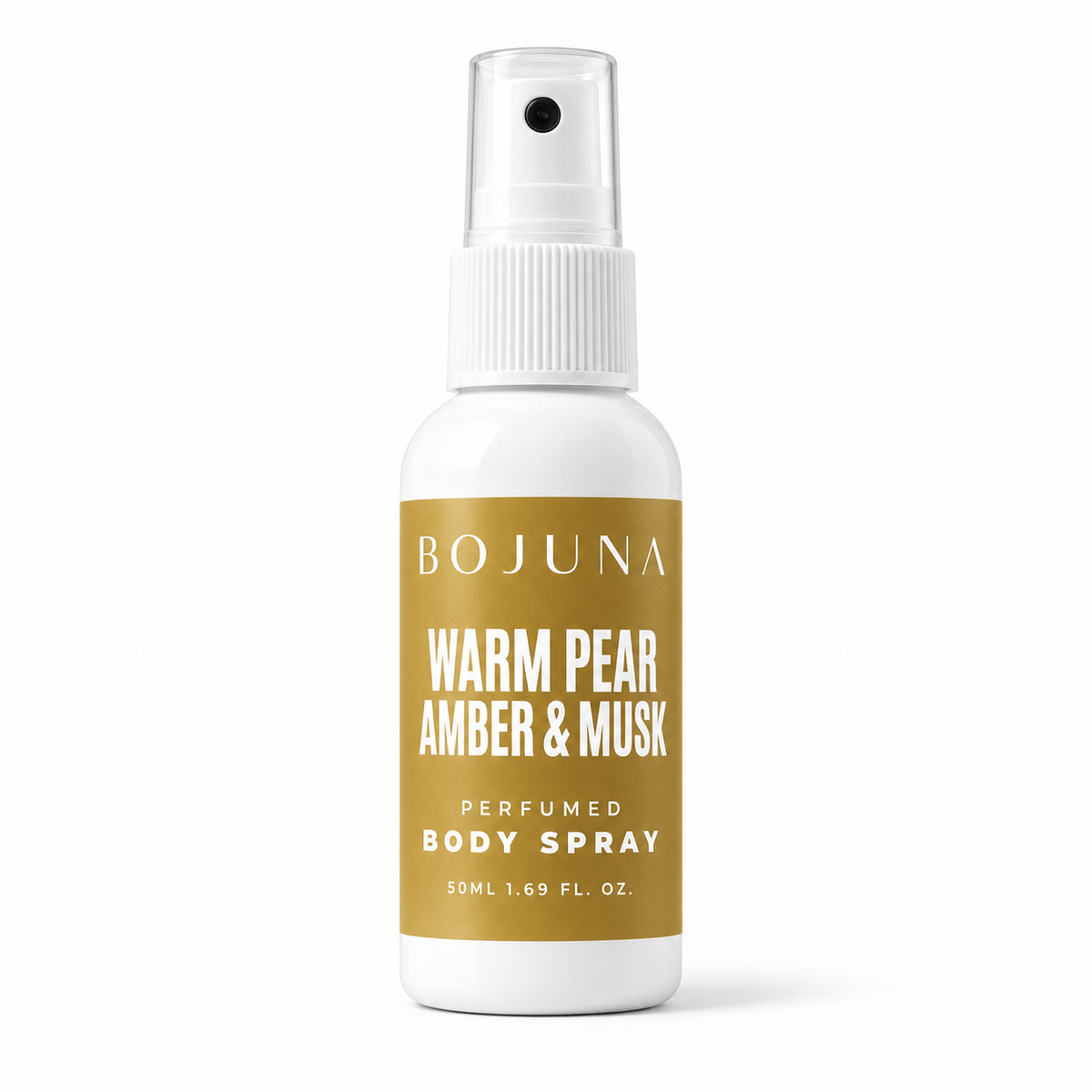 Perfumed Body Spray – Warm Pear, Amber & Musk 50 ml, white spray bottle with softly glossy label on a white background.