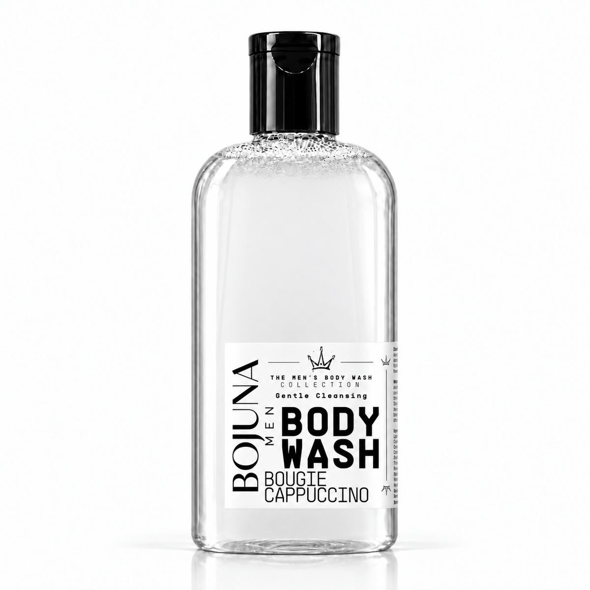 Bojuna Men Bougie Cappuccino Body Wash 250 ml, clear bottle with black cap and redesigned white label.
