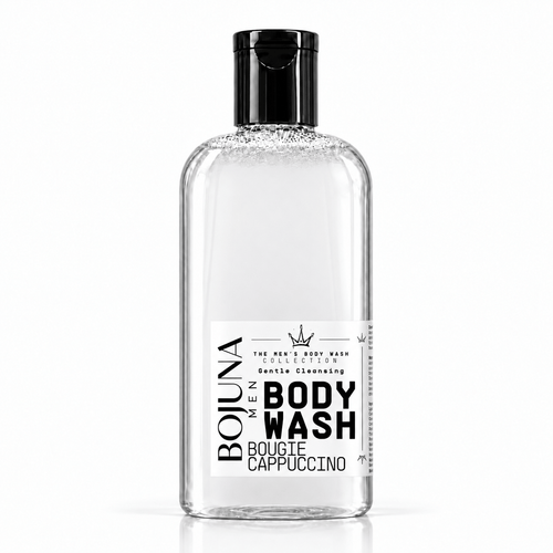 Bojuna Men Bougie Cappuccino Body Wash 250 ml, clear bottle with black cap and redesigned white label.