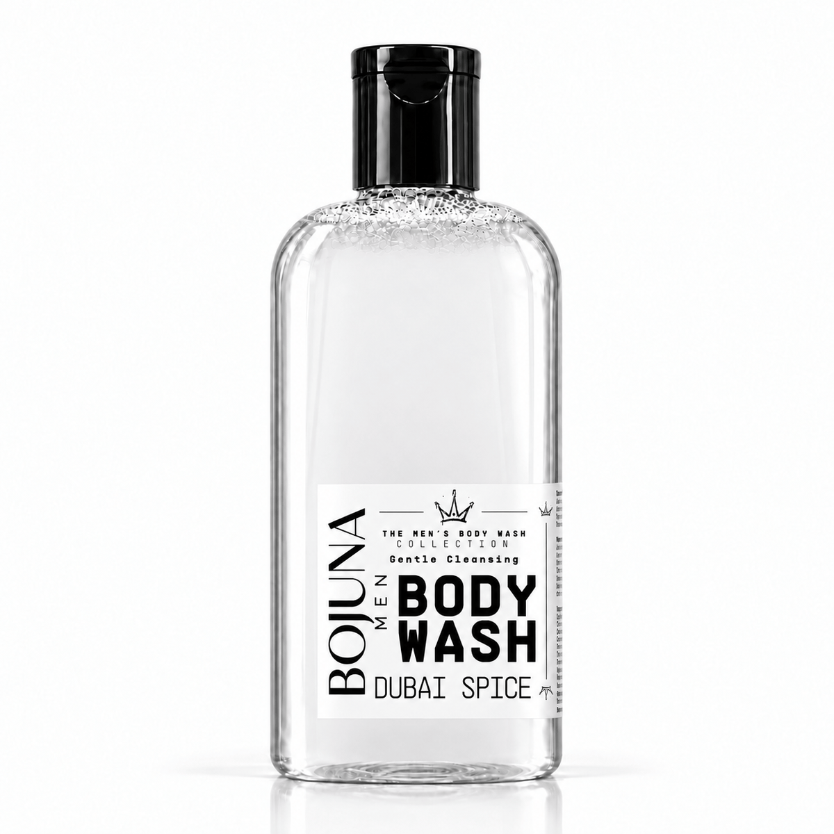 Bojuna Men Dubai Spice Body Wash 250 ml, clear bottle with black cap and redesigned white label.