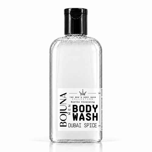 Bojuna Men Dubai Spice Body Wash 250 ml, clear bottle with black cap and redesigned white label.