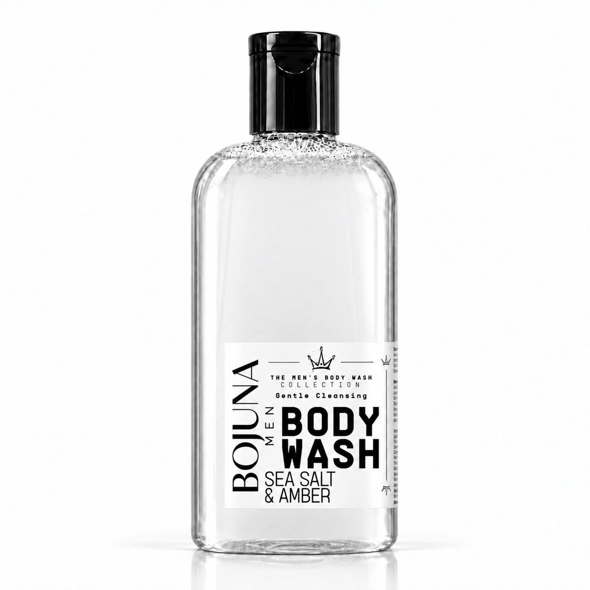 Bojuna Men Sea Salt & Amber Body Wash 250 ml, clear bottle with black cap and redesigned white label.