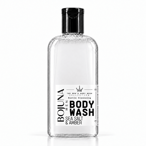 Bojuna Men Sea Salt & Amber Body Wash 250 ml, clear bottle with black cap and redesigned white label.