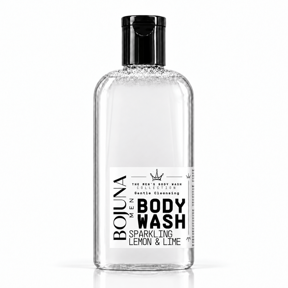 Bojuna Men Sparkling Lemon & Lime Body Wash 250 ml, clear bottle with black cap and redesigned white label.