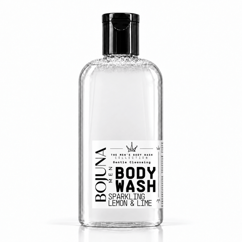 Bojuna Men Sparkling Lemon & Lime Body Wash 250 ml, clear bottle with black cap and redesigned white label.