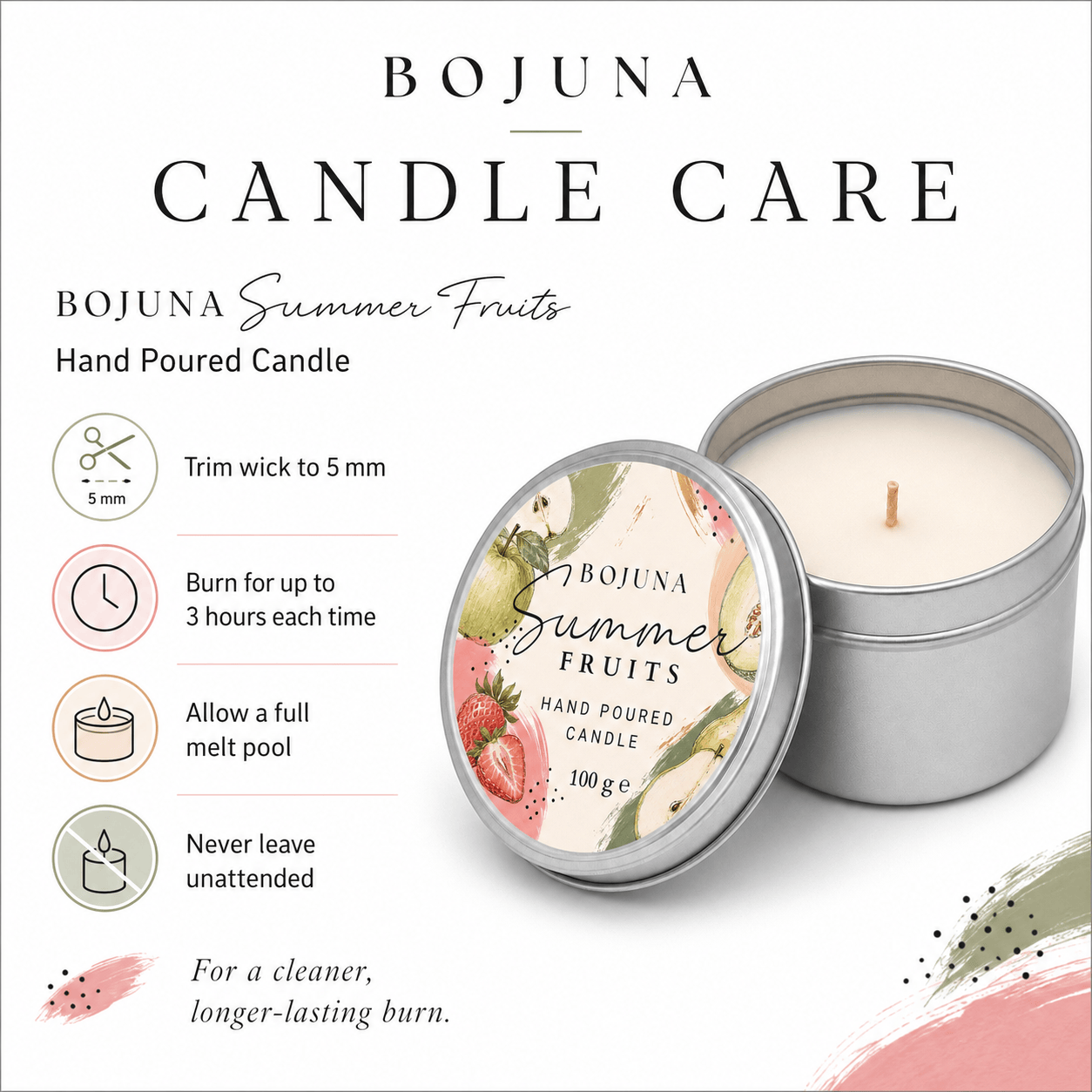 Bojuna Summer Fruits hand poured candle in a silver metal tin, shown open with the lid beside it on a white background with product information text and icons.