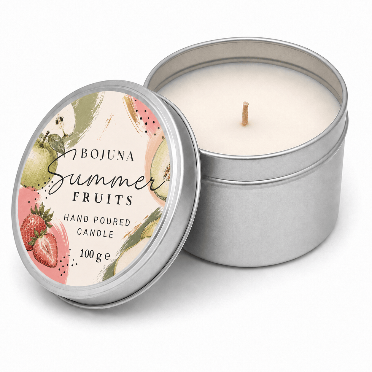 An open silver metal tin candle next to its lid, which features a colorful label reading 'BOJUNA Summer FRUITS HAND POURED CANDLE 100 g e'. The candle wax inside is a creamy off-white color, and the background is a clean white studio setting.