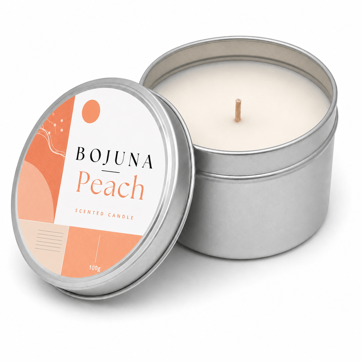 An open silver metal tin candle next to its lid, which features a peach and white label reading 'BOJUNA Peach SCENTED CANDLE'. The candle wax inside is a light cream color, and the single wick is visible.