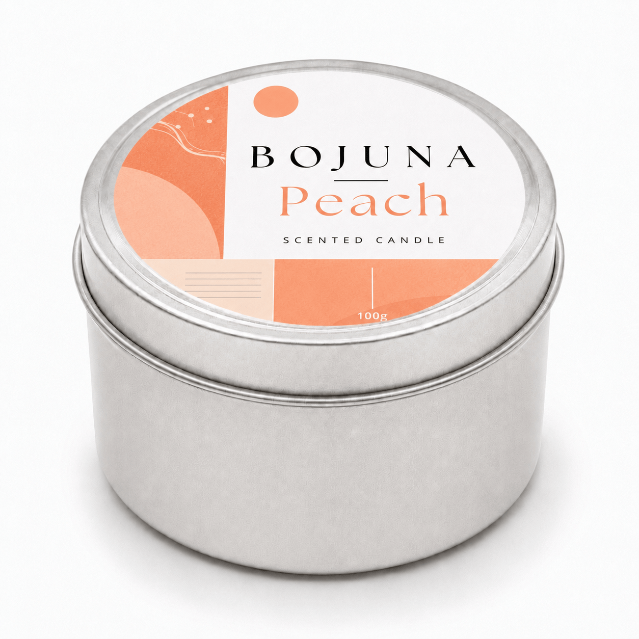 A round silver metal tin candle with a white lid label featuring peach and orange abstract graphics and the text 'BOJUNA Peach SCENTED CANDLE'.