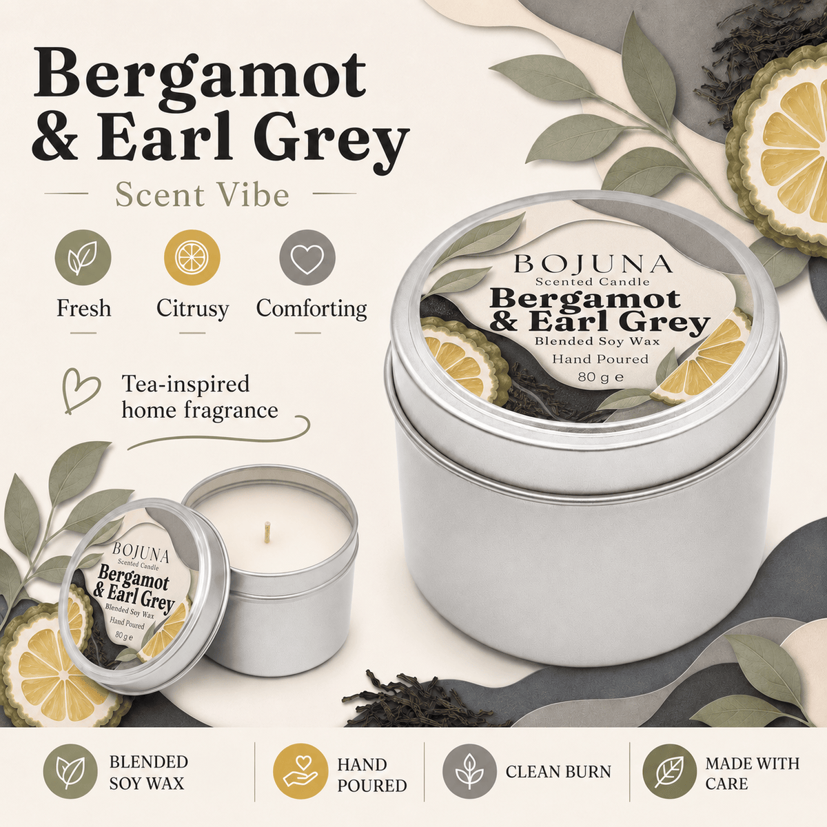 A silver metal candle tin labeled BOJUNA Bergamot & Earl Grey, shown with the lid off beside a second closed tin. The image includes scent callouts ('Fresh', 'Citrusy', 'Comforting'), decorative leaves and citrus slices, and feature icons for blended soy wax, hand poured, clean burn, and made with care on a light beige background.