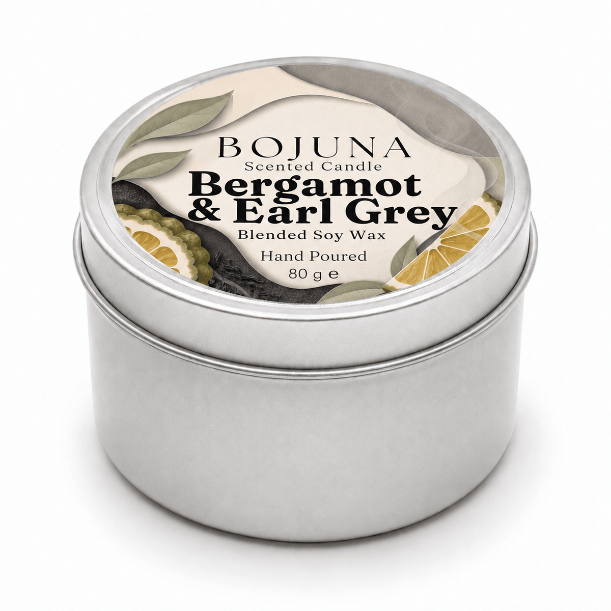 A round silver metal tin candle with a white lid label reading BOJUNA Bergamot & Earl Grey, shown on a clean white background.