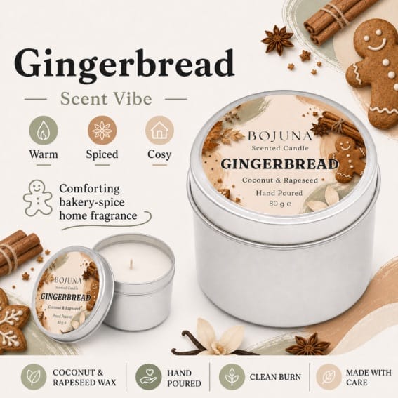 Bojuna Gingerbread scented candle in a silver tin with a decorative label, shown alongside an open candle and styled baking-themed props on a light beige background with text describing the warm, spiced, and cozy scent.