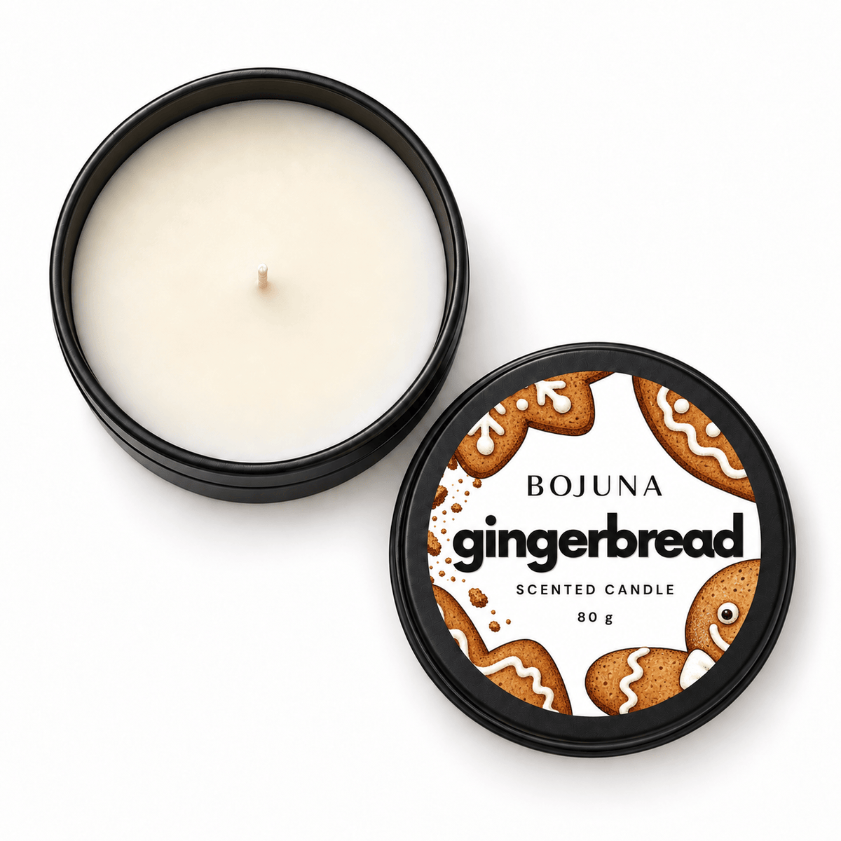 Overhead view of the Bojuna Gingerbread 80 g candle with ivory wax, a short unlit wick and its matching illustrated lid.