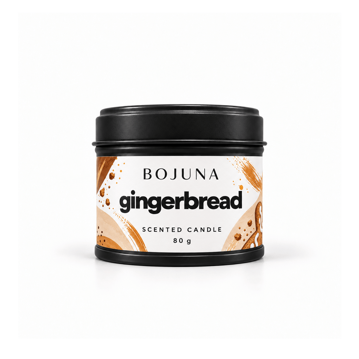 Bojuna Gingerbread 80 g scented candle in a black tin with its illustrated white wrap label, photographed against a white background.